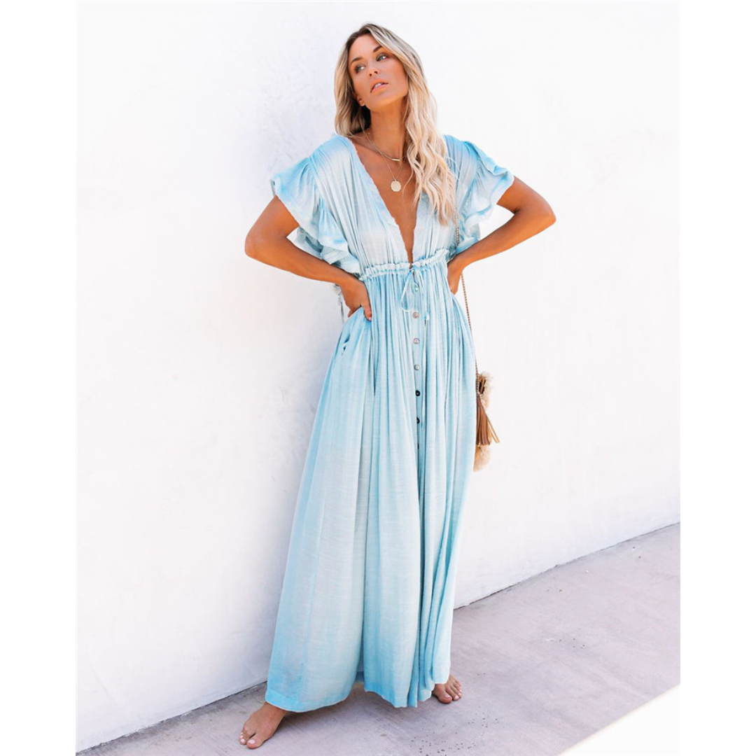 Bikini Cover-ups - Deep V-Neck Long Solid Tunic Casual Summer Beach Dress