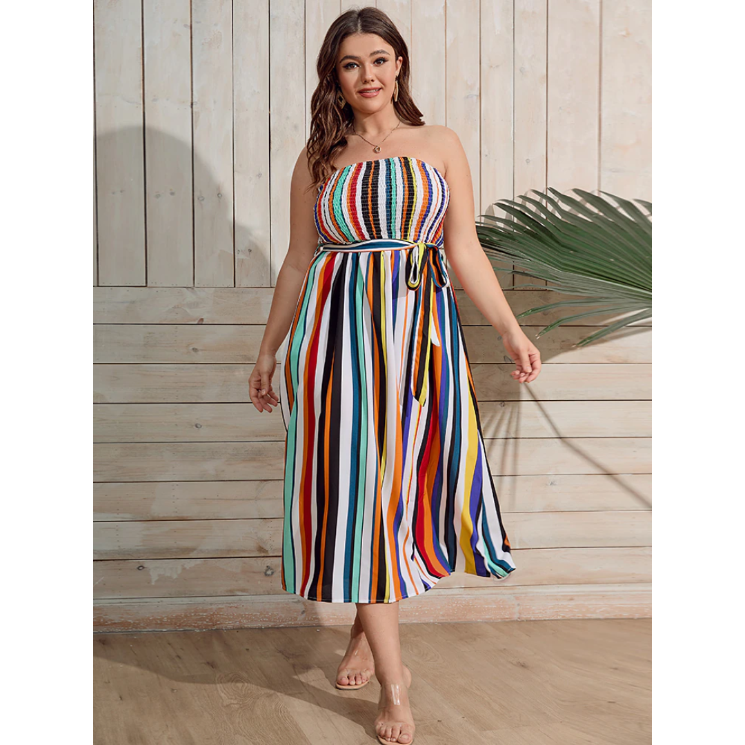 Plus Size Bow Front Belted Colorful Striped Tube Dress