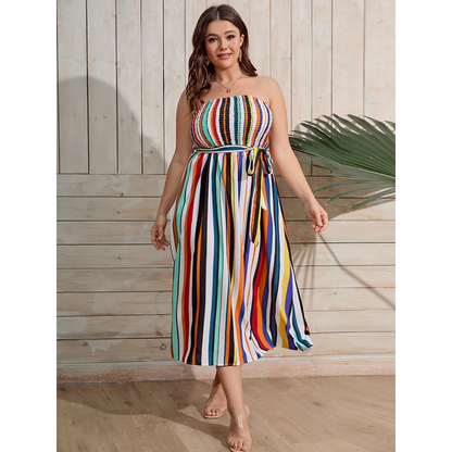 Plus Size Bow Front Belted Colorful Striped Tube Dress