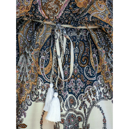V-neck Paisley Print Dolman Sleeve Belted Dress