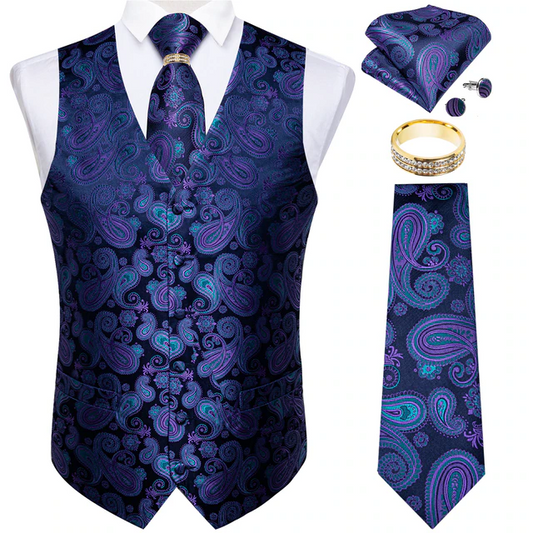 Men's Paisley Simple Vest Suit Tie Ring 5PCS Full Set