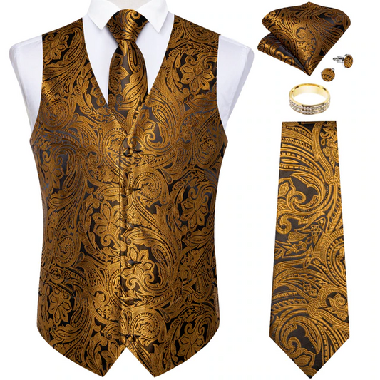 Men's Paisley Floral Vest Suit Tie Ring 5PCS Full Set