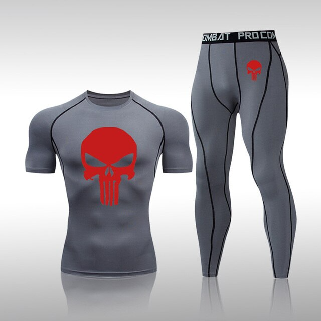 Men's Compression Skull Muscle-fit Quick Dry Short Sleeve x Long Pants