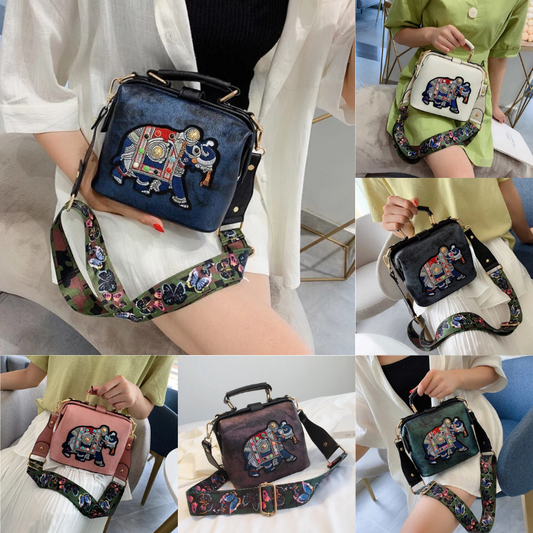 Vintage Embroidery Elephant With Wide Butterfly Strap Crossbody Handbags